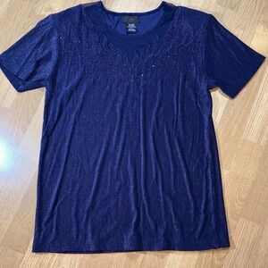 Zio Womens Navy Blue Metallic Ribbed Knit Beaded Sequin Mesh Neck Top Size L
